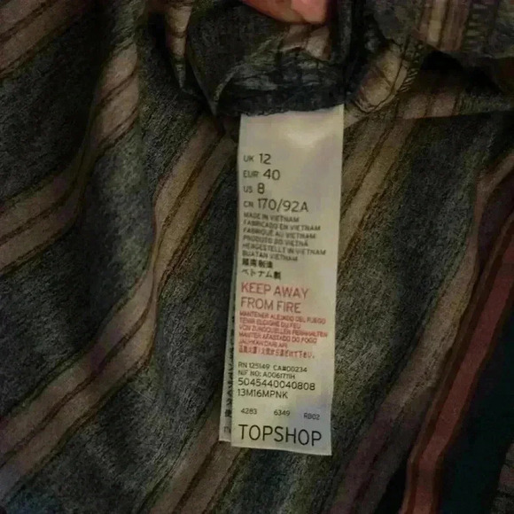 Topshop Women's Blue/Pink Stripe One Shoulder Puff Sleeve Top Size 8 Tie Waist - Picture 5 of 5